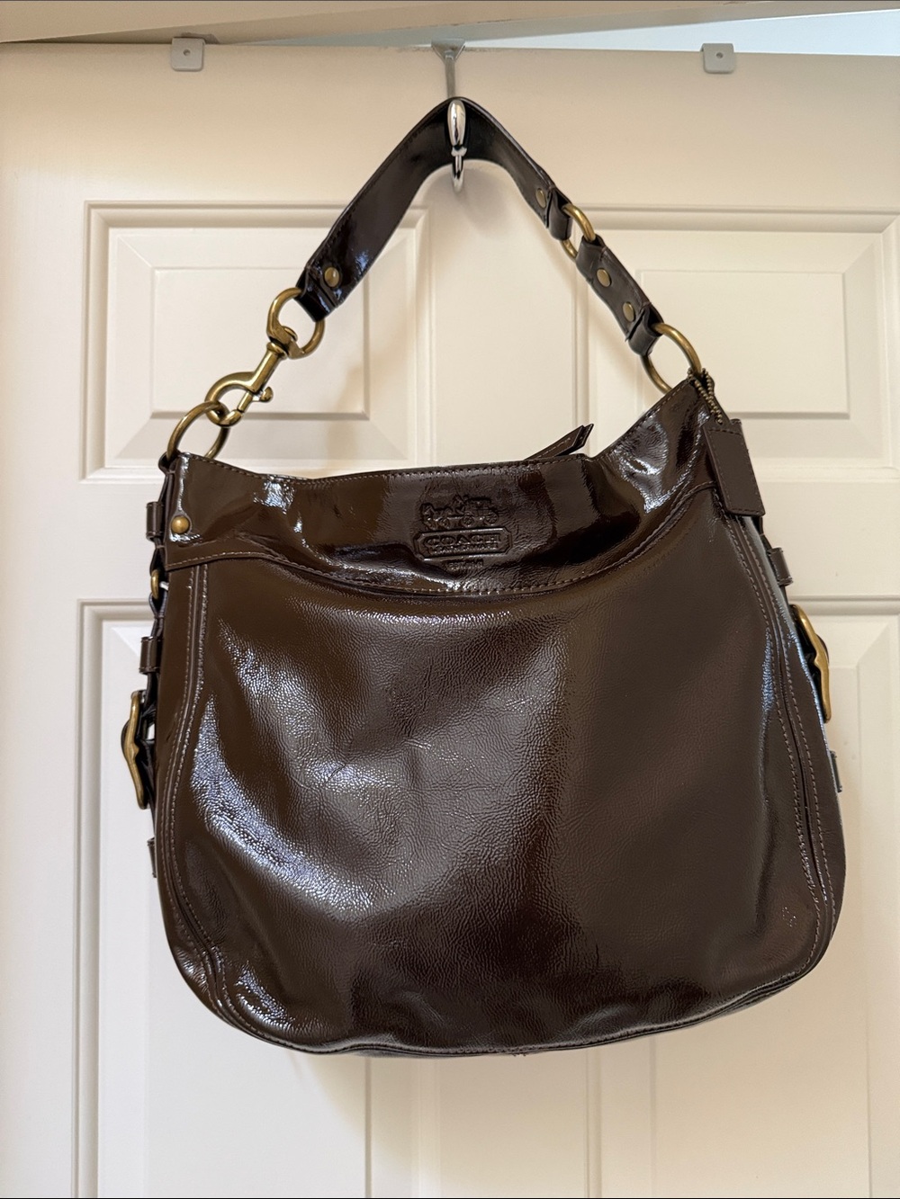 Vintage Coach Zoe Hobo Glossy Patent Leather Shoulder DARK Brown Large -12776